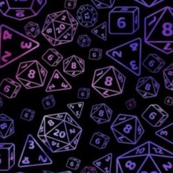 A black background with a variety of purple and pink dice used in TTRPGs