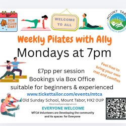 Pilates poses and text explaining the MTCA Pilates Classes on Mondays 7pm