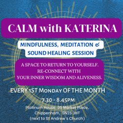 a dark blue colour background with golden rays in the middle,, text describing the event, Calm with Katerina and giving details