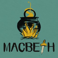 Hand written text reading Macbeth, with the T replaced with an illustration of a dagger. Above the text is a cauldron on an orange hire with smoke curling out of the top.