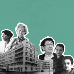A collage of women and important buildings of Prague 5