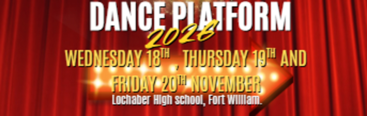 Red Stage background with dance platform and dates in gold font.