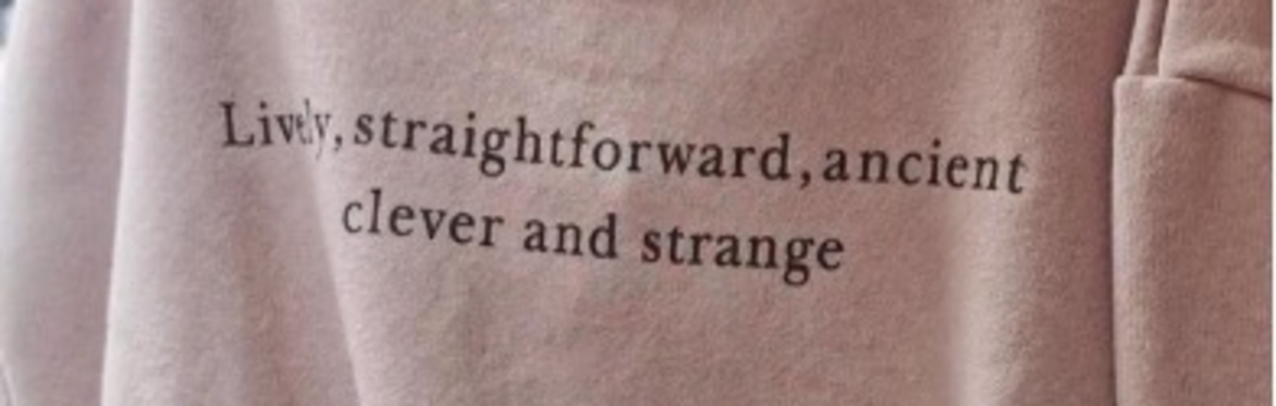 A pink jumper with the black text written on it: "Live, straightforward, ancient, clever and strange"