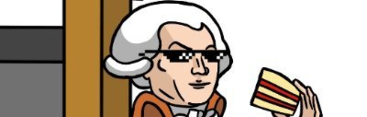 Cartoon of Robespierre wearing sunglasses eating cake by the guillotine