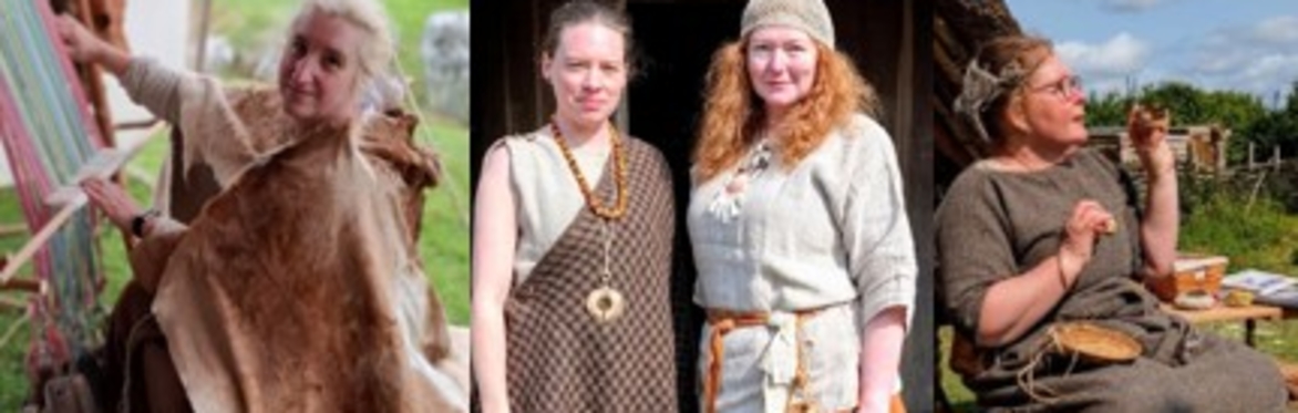 All four of our heritage textile tutors in prehistoric outfits