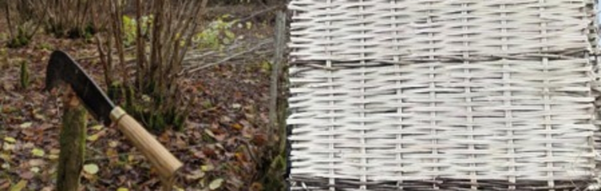 A billhook traditionally used for coppicing trees and woven hazel hurdle