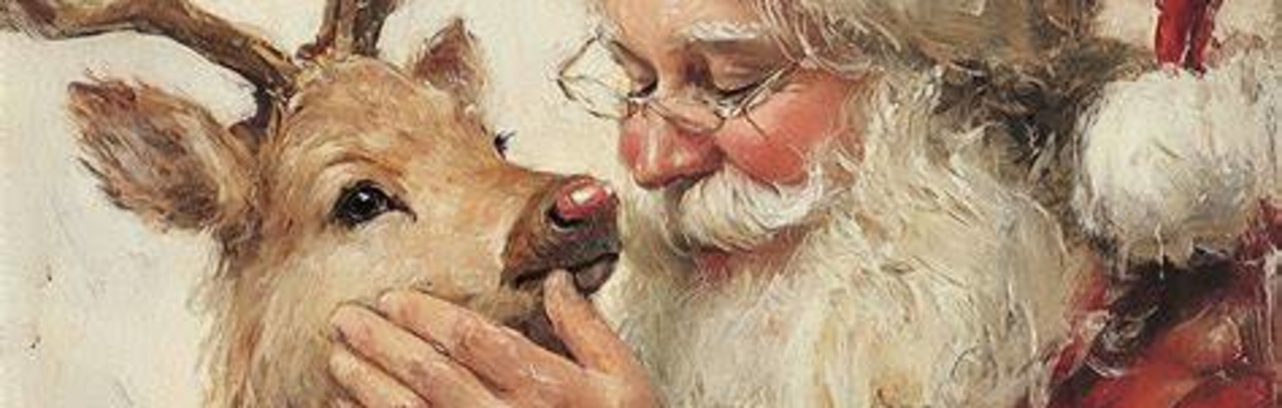 Illustration of Santa stroking a reindeer's cheek