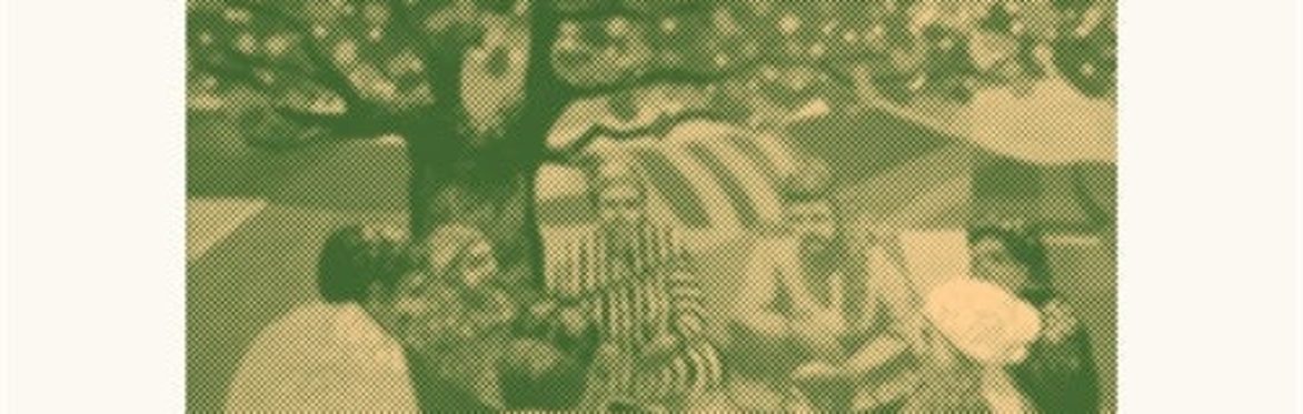 a drawing of an olive tree with people in traditional Palestinian dress sitting underneath it with receding landscape behind