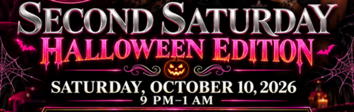 Midnight Kiss: Second Saturday Halloween Edition banner with a neon pink logo, costumed women, and pumpkins. October 10, 2026, 9 PM–1 AM at Dreamland Lounge in Omaha.