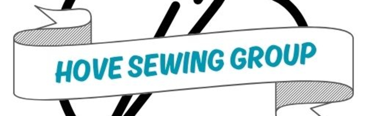 A logo that says Hove Sewing Group set on a banner with a needle  and thread behind it.