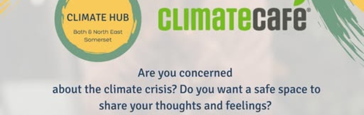 Circular green and yellow logo for Climate Hub Bath & North East Somerset with the words Climate Cafe to the right hand side of the logo