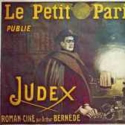 Part of the poster for the film Judex showing a mysterious man in a hat and cloak