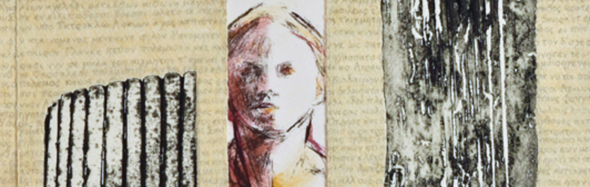 Collage of two images of a ancient column and a sketch of a ancient bust