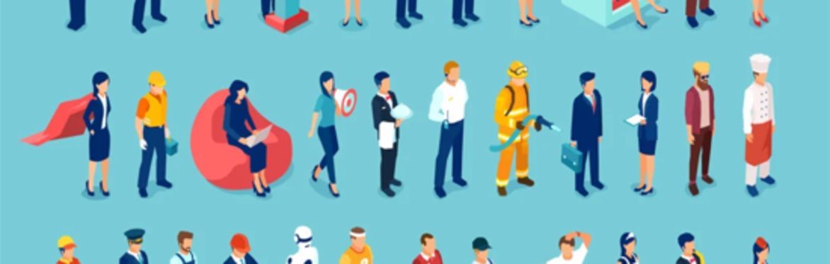 A few lines of people dressed in outfits representing different job roles
