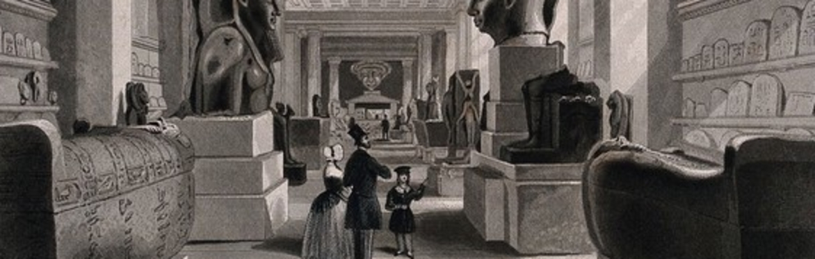 engraving of archaeological statues in a museum gallery