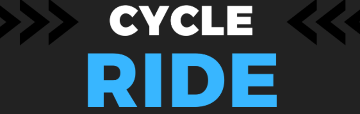 the words Cycle Ride in bold blue and white copy with black background and black arrows