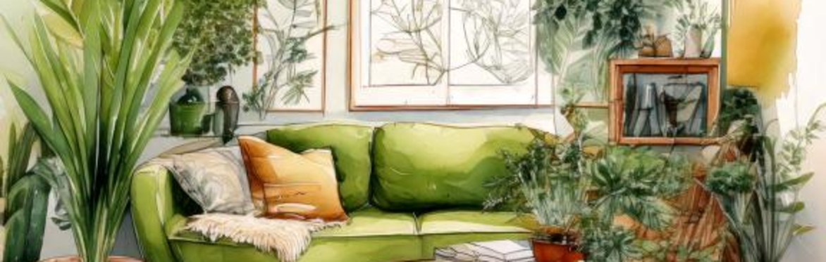 A green sofa surrounded by Biophilic Design and greenery