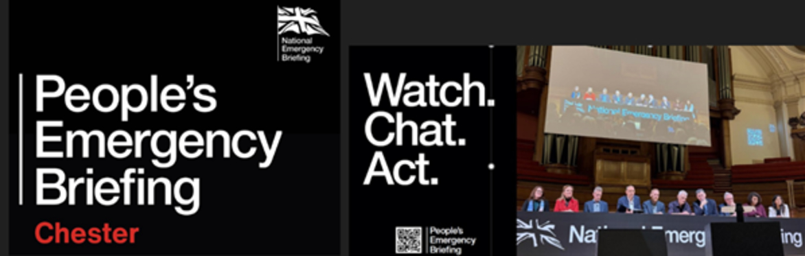 The words 'People's Emergency Briefing' in white font on a black background, with 'Chester' in red lettering underneath.