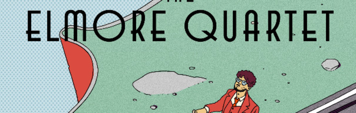 A man looks up at some words which say 'Elmore Quartet'