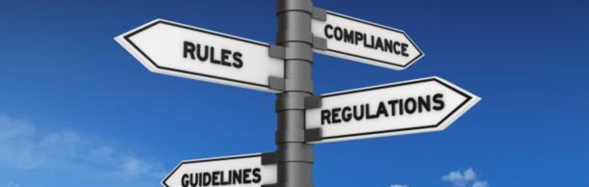 Sign post with rules, compliance, regulations and guidelines