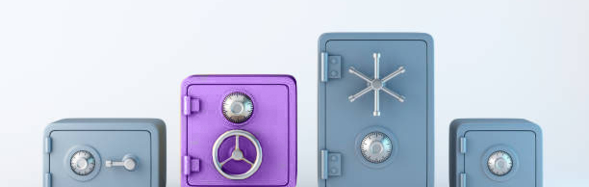 4 different types of safes with 3 grey and one in purple