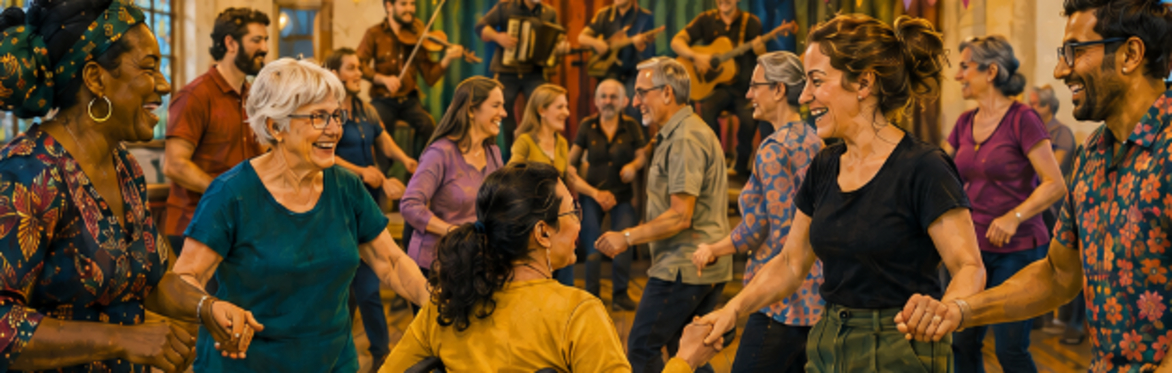 A diverse group of adults of different ages and ethnicities are dancing in a circle. In the foreground, a wheelchair user in a yellow top is holding hands with two other dancers. Other dancers include