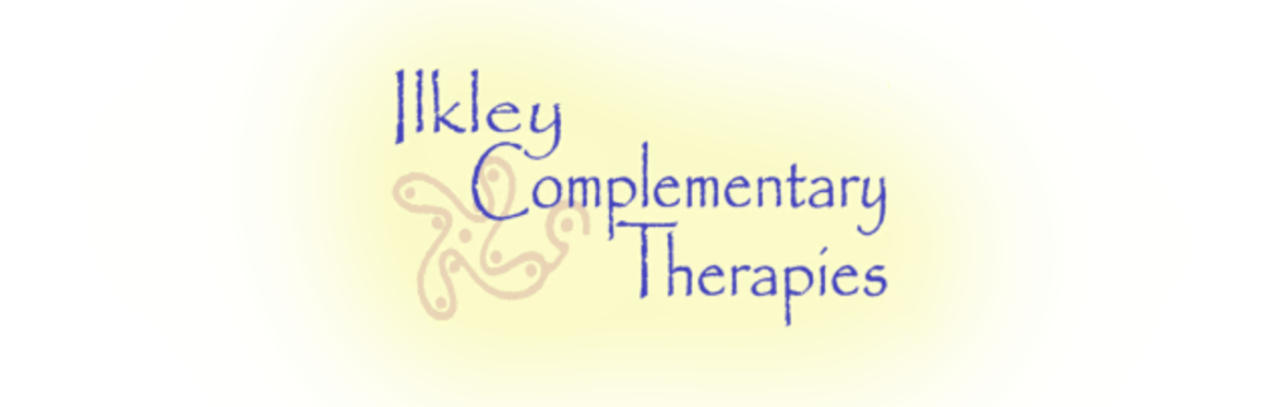 There is blue writing that says Ilkley Complementary Therapies and the background is yellow. The logo in the background depicts the ancient marking of the swastika stone on Ilkley Moor.