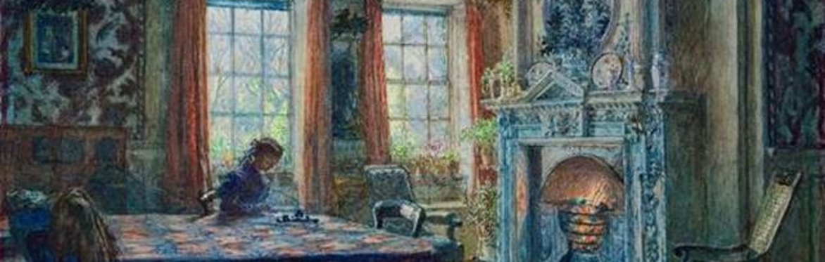 watercolour painting of jacobean interior