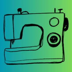 An image of a black hand drawn sewing machine on a green gradient background.