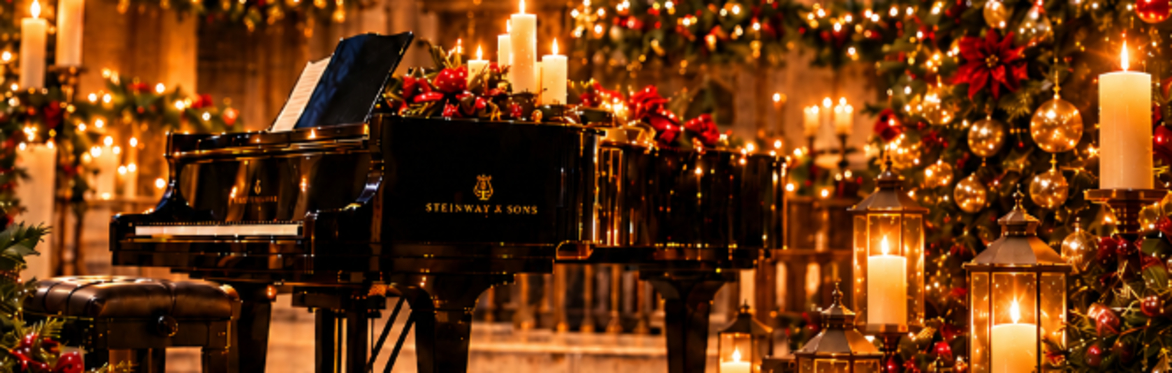 A grand piano, surrounded by candles and Christmas decorations