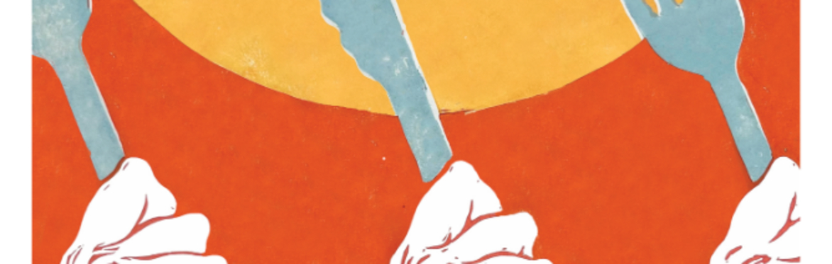 The image reads "Hillfire Anthology. Volume Four". There are three raised hands holding forks and knifes with a yellow sun on an orange background.