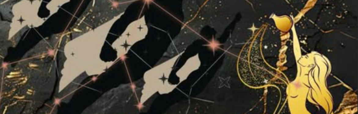a image describing the event details, with three masc super heros and one femme figure pouring ideas