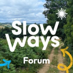 Slow Ways logo and the Forums event title against an image of a dirt track going through lush rolling hills.