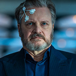 Main character with electrodes on head.