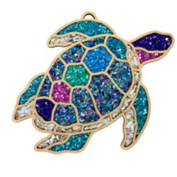 Wood frame in the shape of a turtle with flowers filled with  vibrantly dyed crushed glass