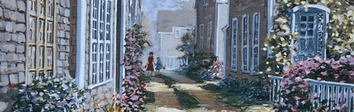 Artwork Greg HIlldepicting a street on Nantucket