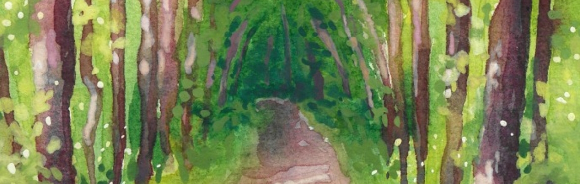 A painting of a path through tall trees and grass