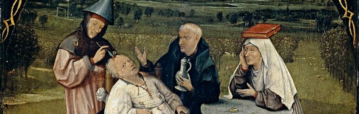 A medieval style painting of a group of people stood around a man in a chair, having a piece of metal pulled from his head.