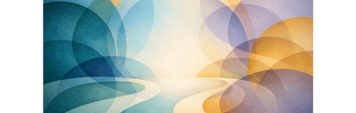 Overlapping circles in shades of orange, purple and turquoise surrounding a bright central space suggesting bright light