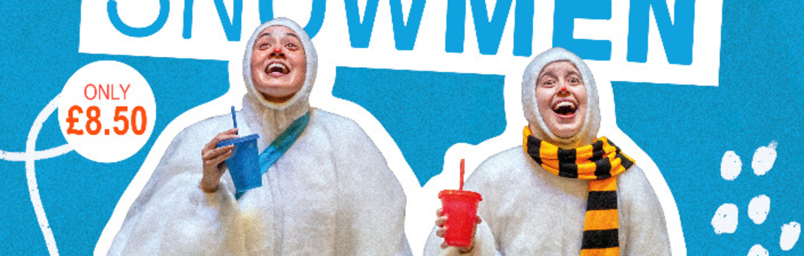 Two performers in clown make-up dressed as snowmen in white fluffy onesies.