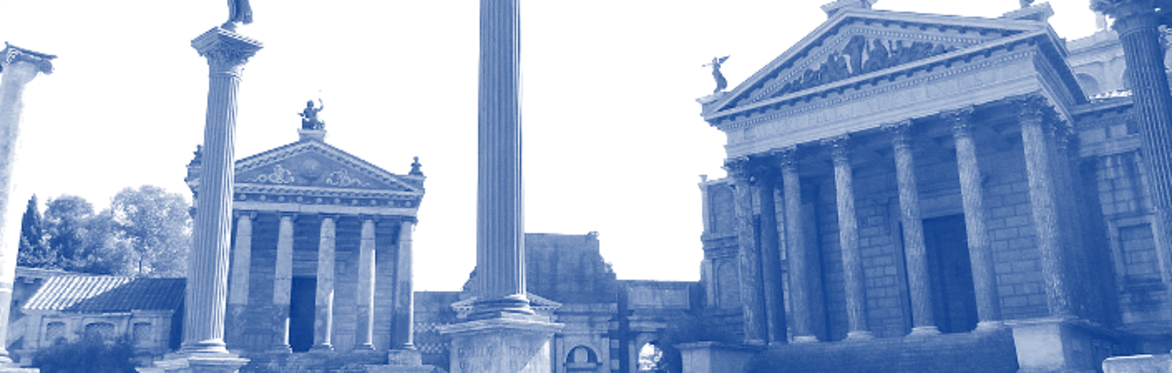 A picture of the HBO Rome set of the Roman Forum, in a monochrome blue.