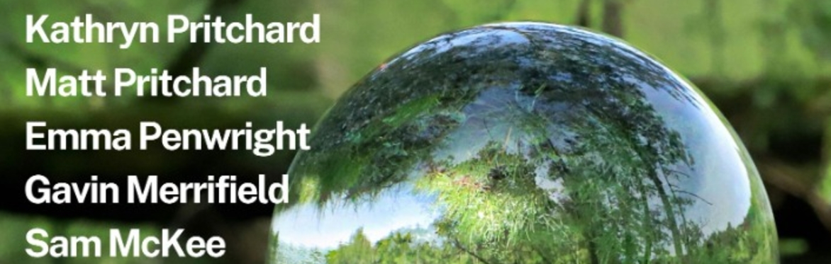 A glass sphere inverts an image of a green forest behind it.