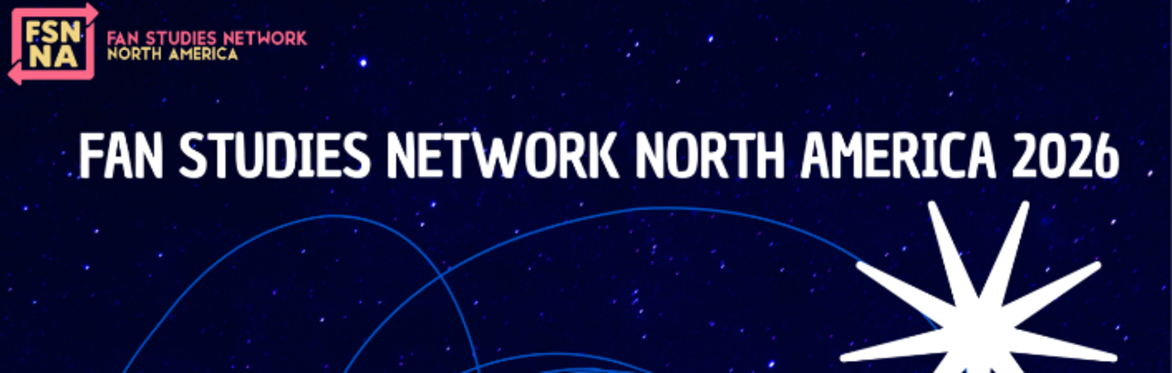 pink and yellow logo of Fan Studies Network North America against dark background featuring an audience listening to a keynote speaker