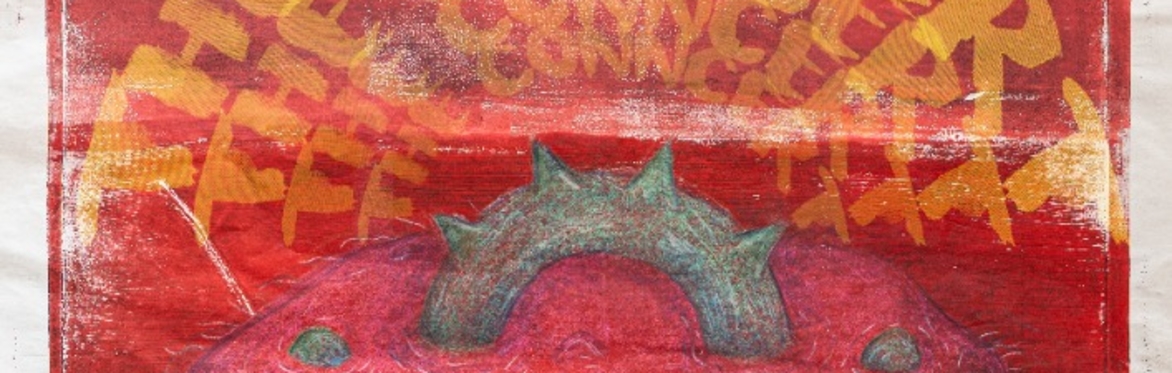 A textural art print, mostly red with a green c shaped creature sticking out of a body of fluid. Two people are standing watching.