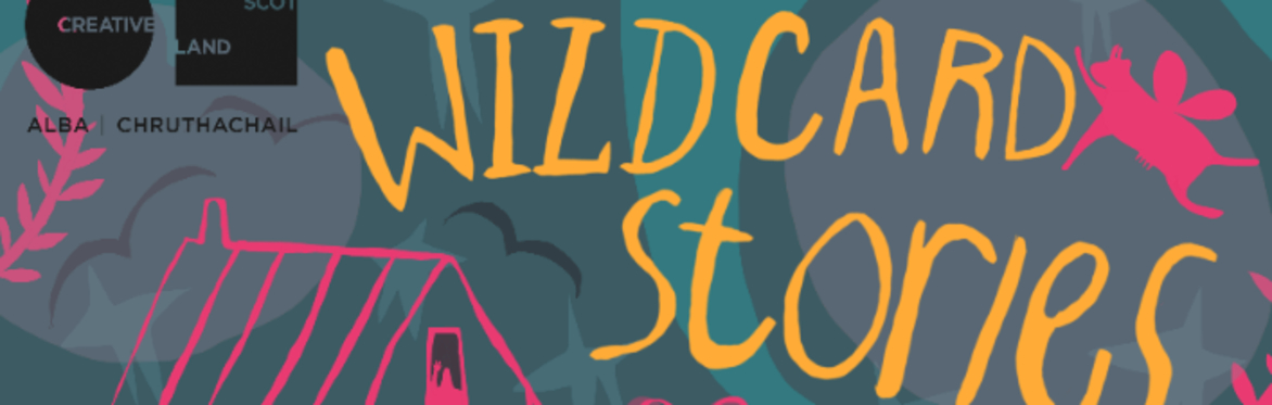The words Wildcard Stories lie above the roof of a cottage and are being blessed by a flying cow with wings