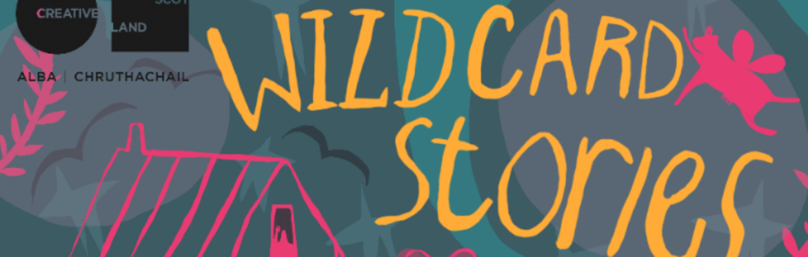 The words Wildcard Stories lie above the roof of a cottage and are being blessed by a flying cow with wings