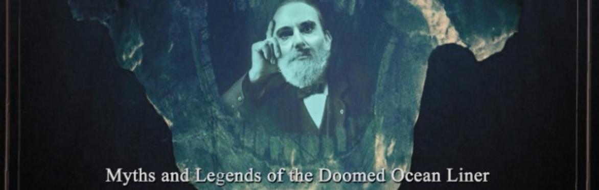A man sits in victorian clothing. In the background there is an iceburg with a gaping maw superimposed. Above a sinking ship in a storm.
