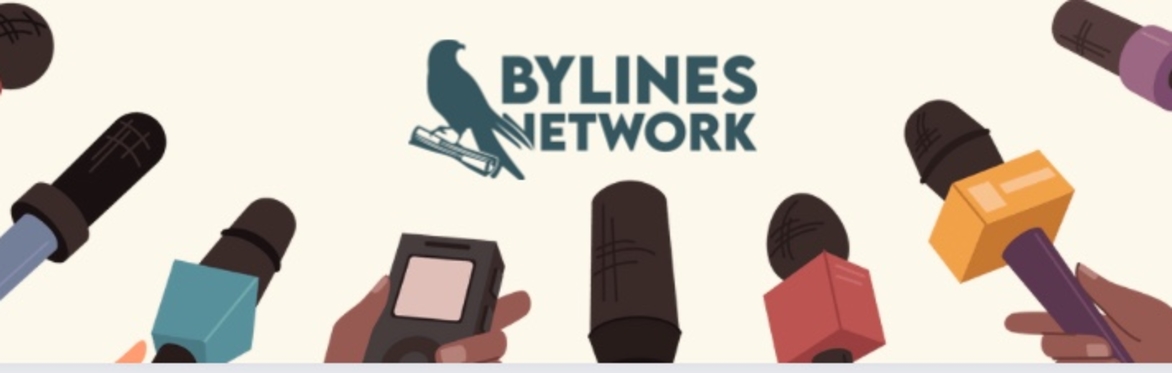 A series of microphones of different shapes and sizes are gathered in a semi-circle around the Bylines Network logo.