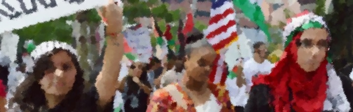 A group of pro-Palestinian demonstrators march with one woman at the front in a keffiyeh and another draped in a Palestinian flag. The image has been altered to look like a painting.