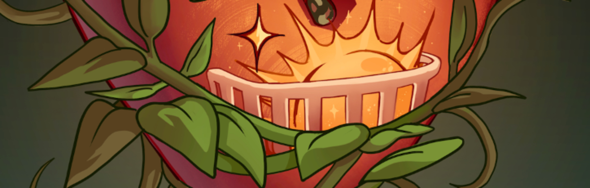 A sun and a star rising behind a balcony with a green vine winding across them